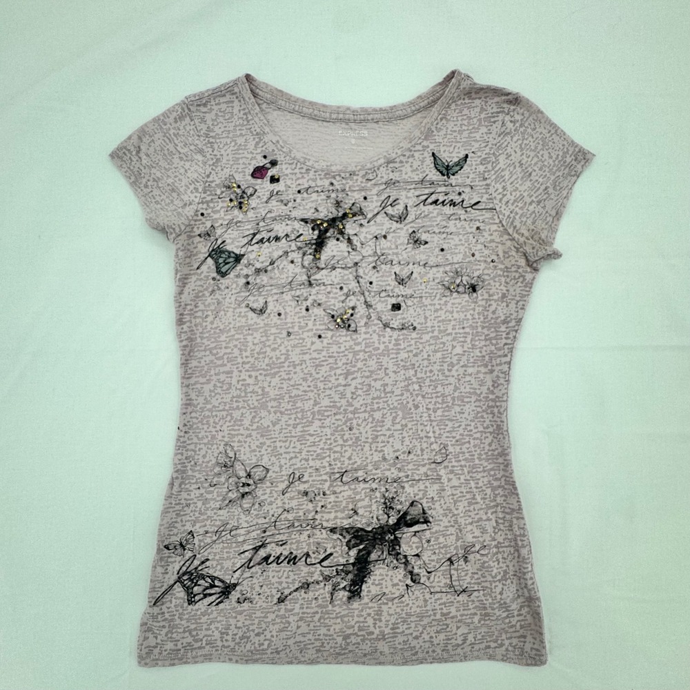 2010s McBling Express Womens Size XS Burnout Graphic Tee Butterfly Rhinestone